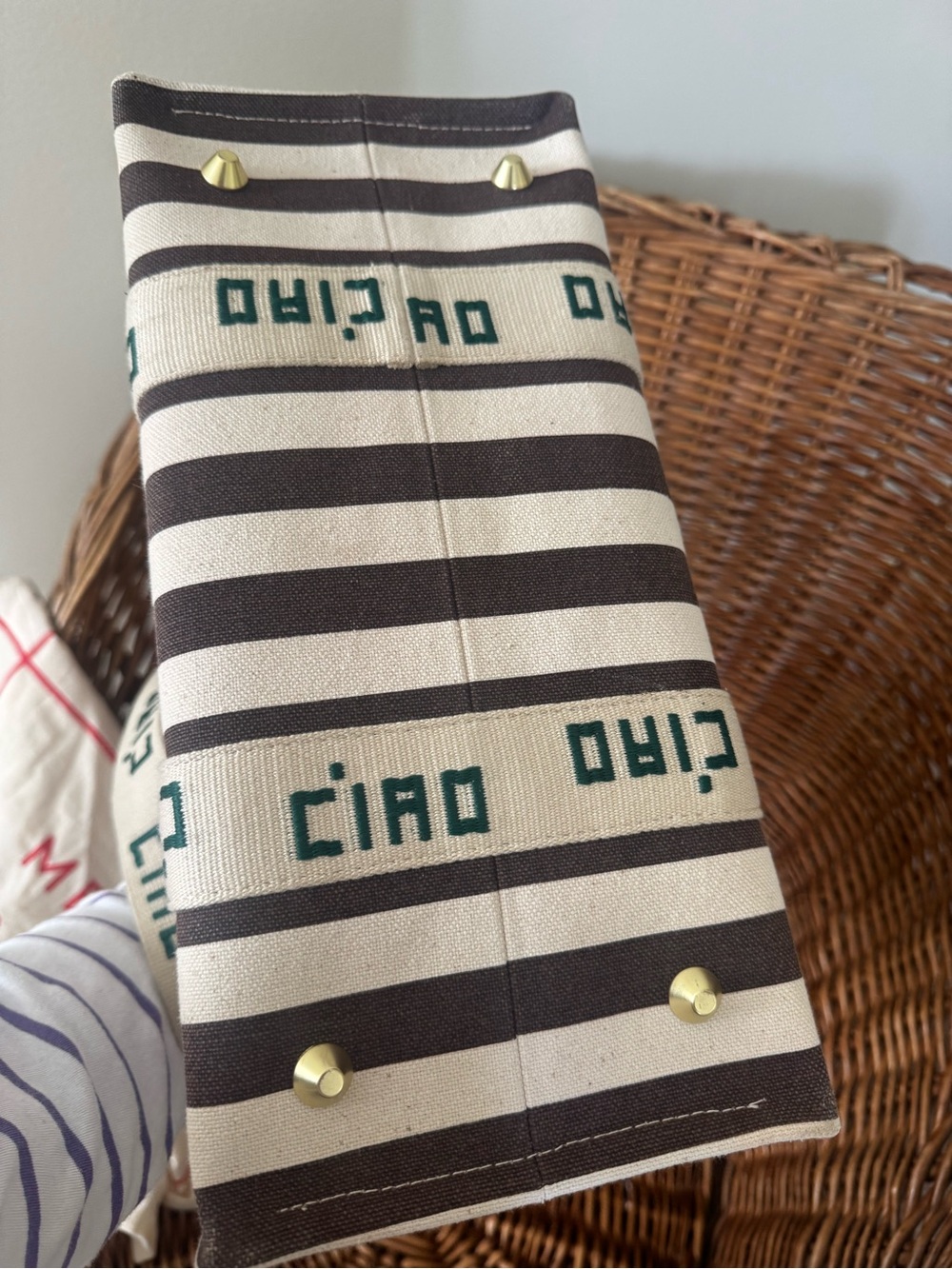 Clare V. Canvas Stripe Tote Bag with 'Ciao' Webbing Straps - Dark Brown & White - Picture 4 of 4